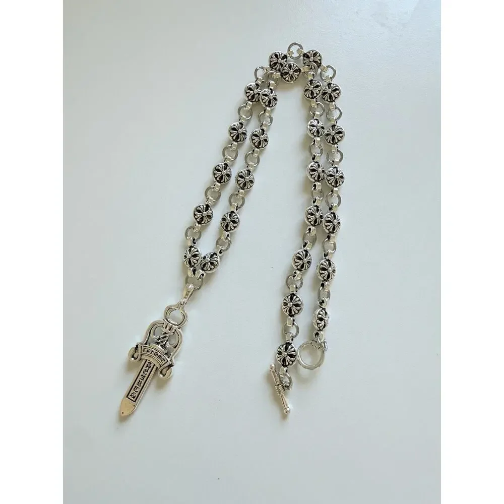CH style chrome silver cross sword dagger necklace 60cm
